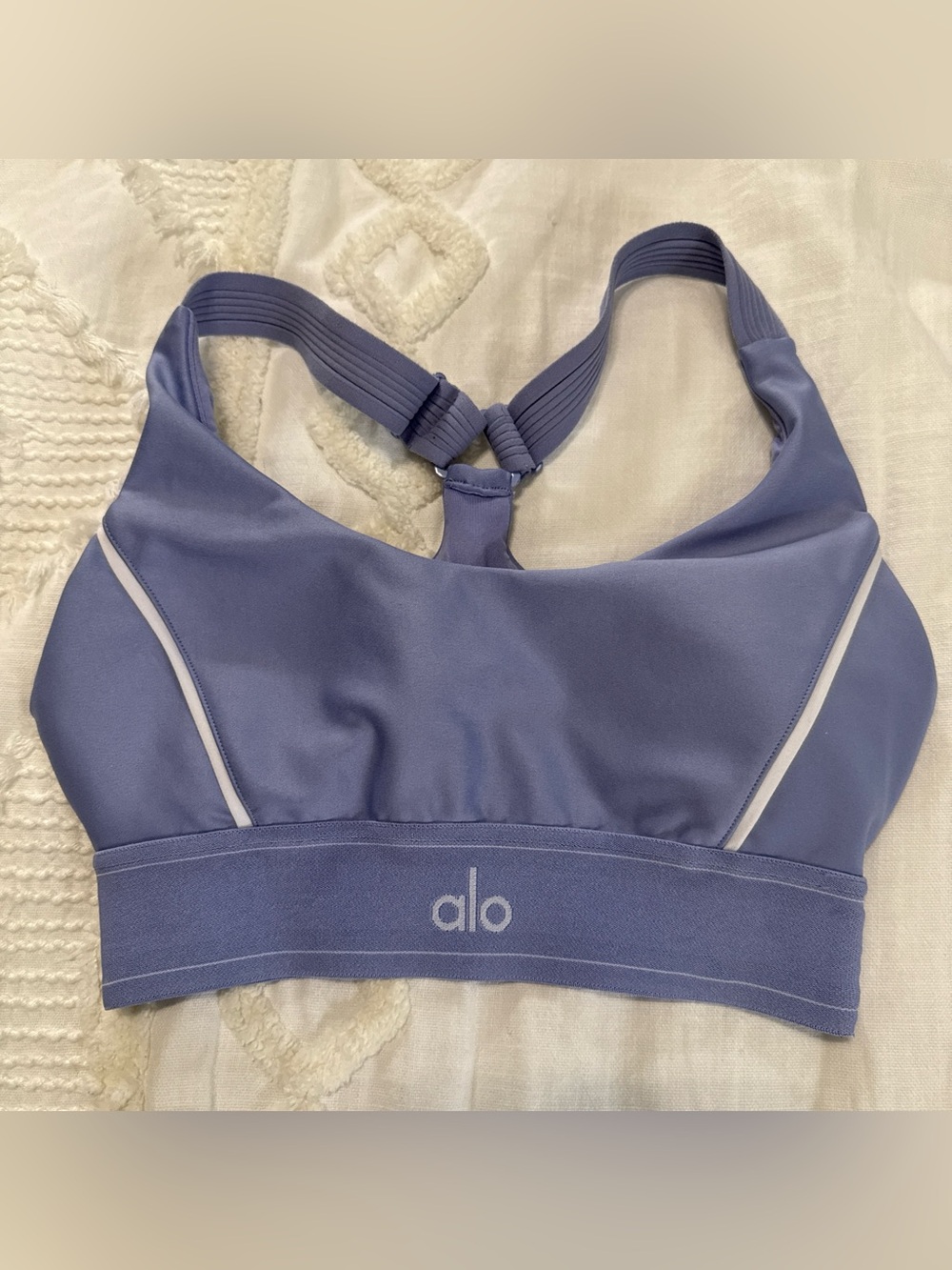 ALO Yoga Lavender Blue Sports Bra with White Trim